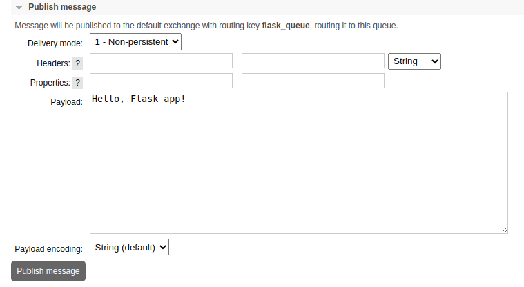 The RabbitMQ interface showing how to publish a message to a queue.